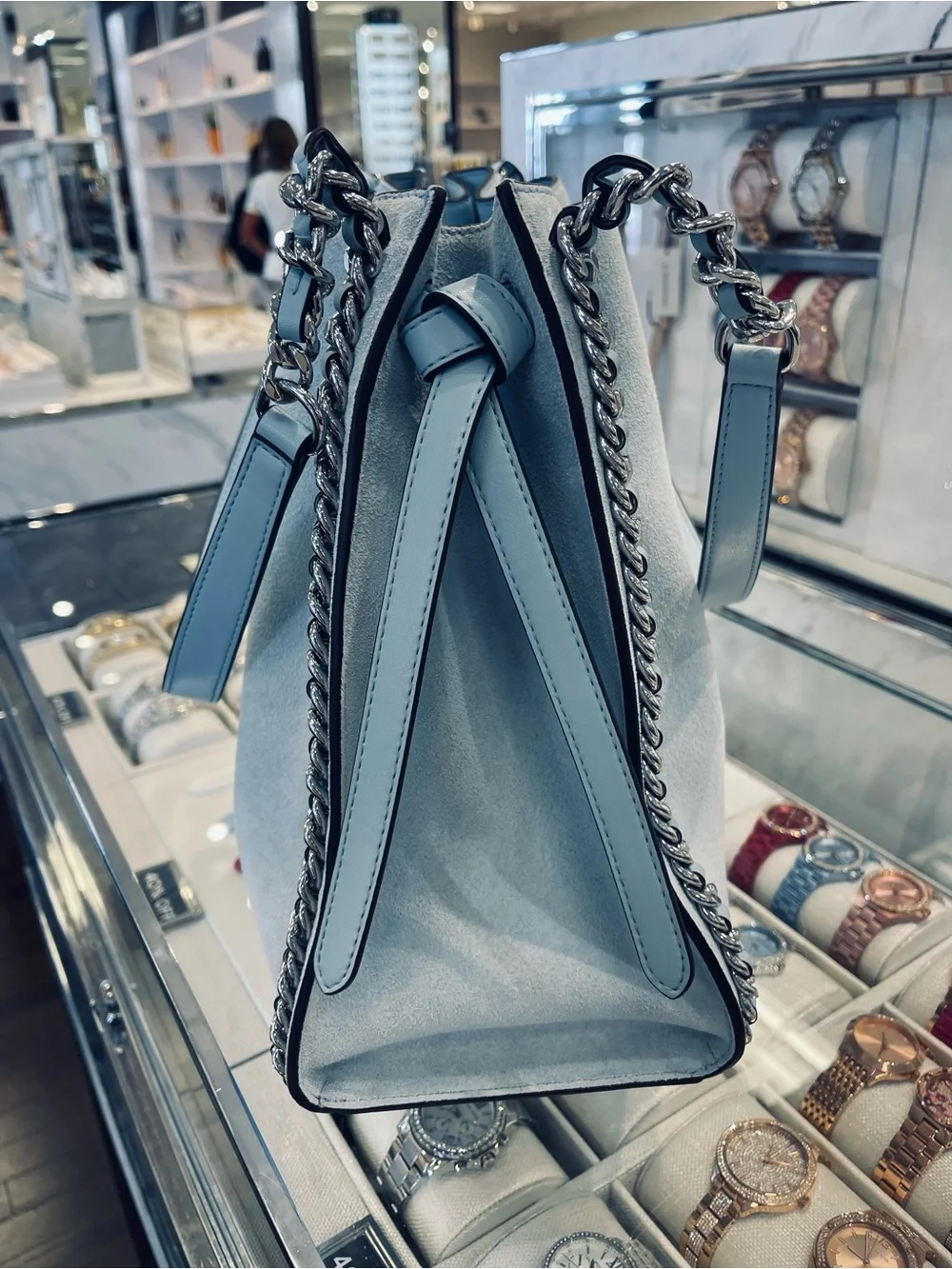Michael Kors Mina Large Suede Chain Shoulder Bag Pale Ocean Blue Leather NWT - Picture 9 of 16